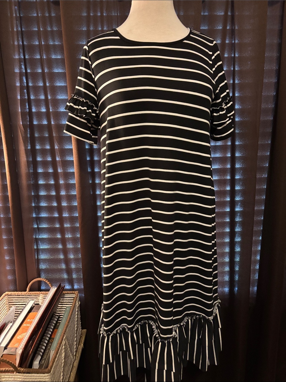Reborn J Black & White Striped Ruffle-Hem Dress